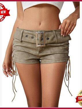 Faux Leather Low Rise Rave Shorts Lace Up Ruched Going Out Y2K